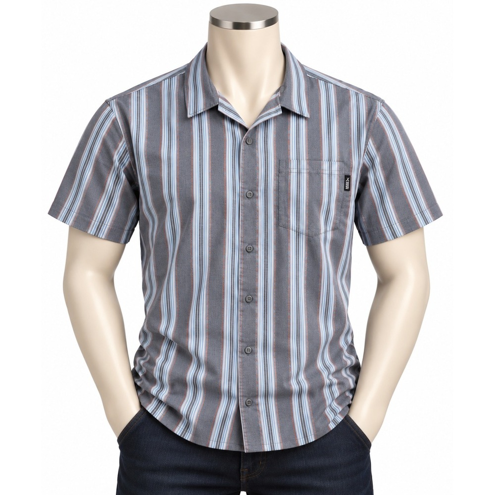 Eddie Bauer Mens Grey Blue Striped Short Sleeve Button Down Shirt Size M